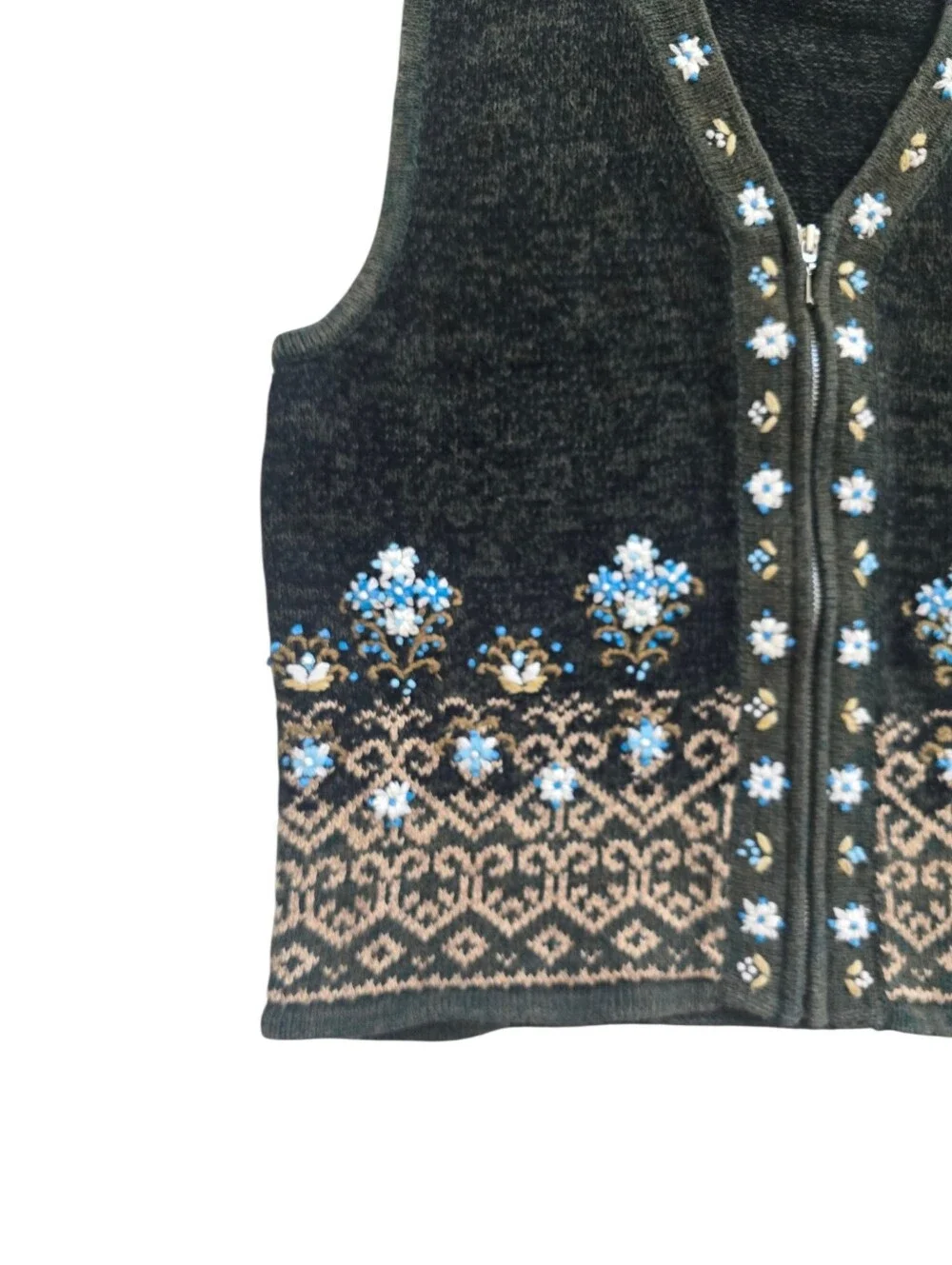 Vintage Erika Women's Greeb Full-Zip Floral Embroidered Knit Vest, Size Large